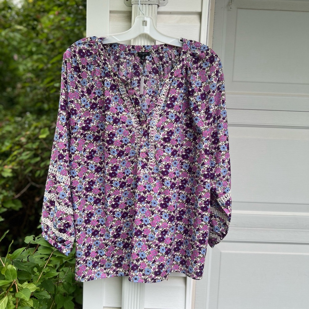 NWT Talbots Pretty Purple Blue Embroidered Floral Long Sleeve Cotton Blouse